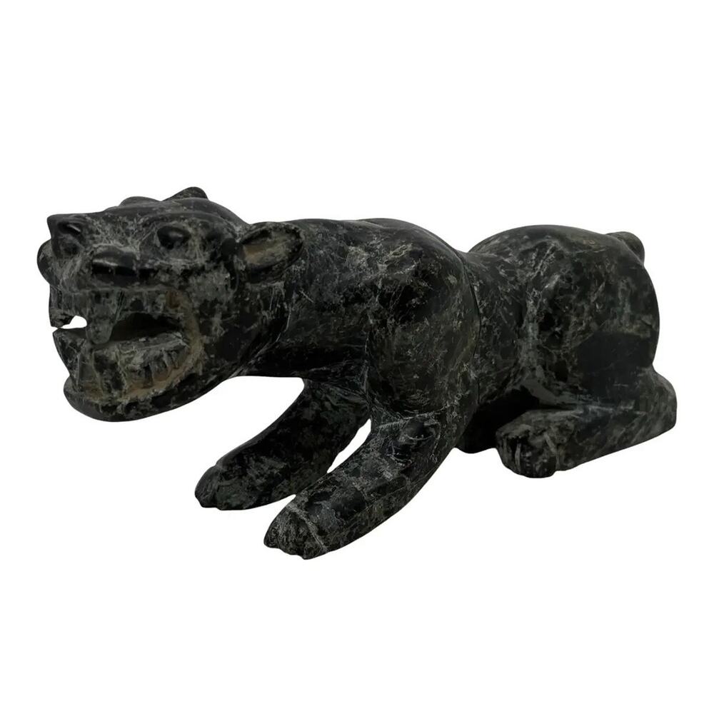 Vintage Chinese Green Black Carved Soapstone Tiger 5.25” Figurine Collectible